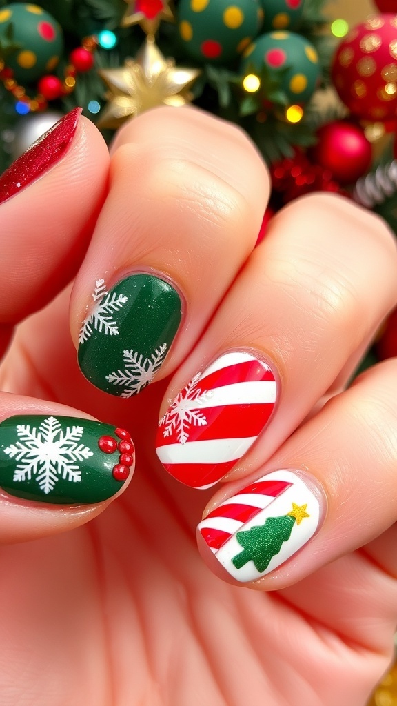Close-up of Christmas nail designs with red, green, and gold polish featuring snowflakes and candy canes.